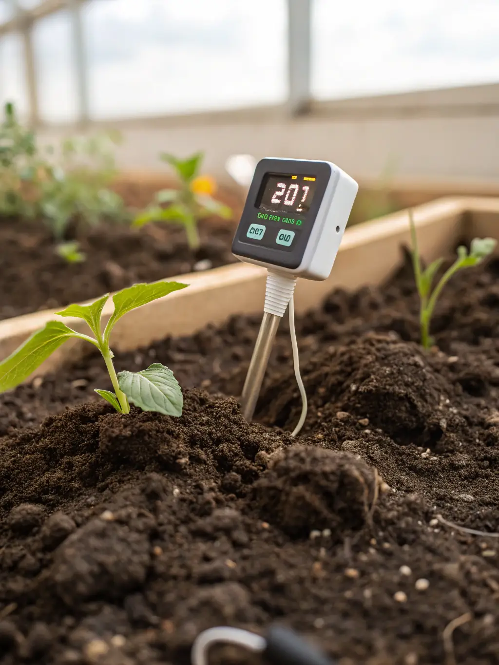 A close-up shot of Tatra's Soil Moisture Sensor, showing its installation in the soil and its data display interface.