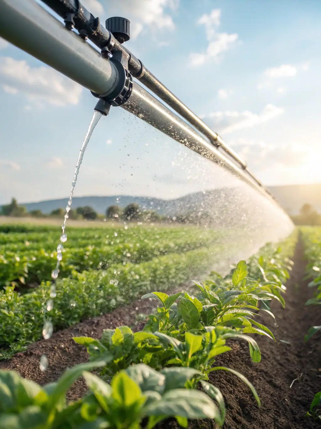 A high-resolution image of Tatra's Smart Irrigation System installed in a lush green field, showcasing its efficient water distribution.
