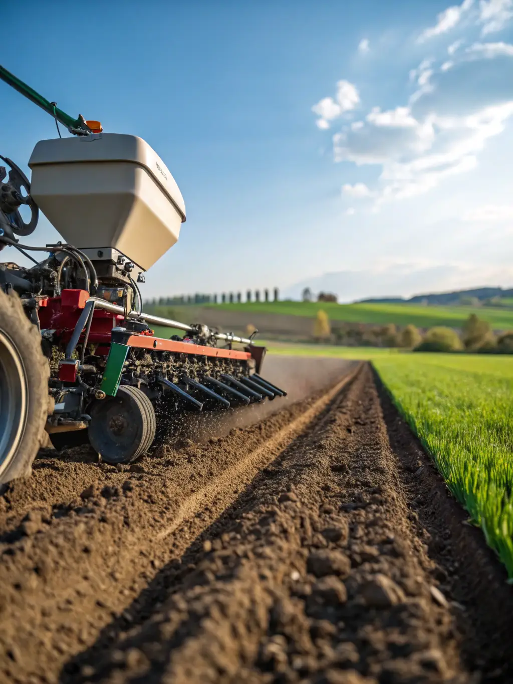 A farmer using Tatra's Precision Seeding Machine in a field, demonstrating its accurate seed placement and spacing capabilities.
