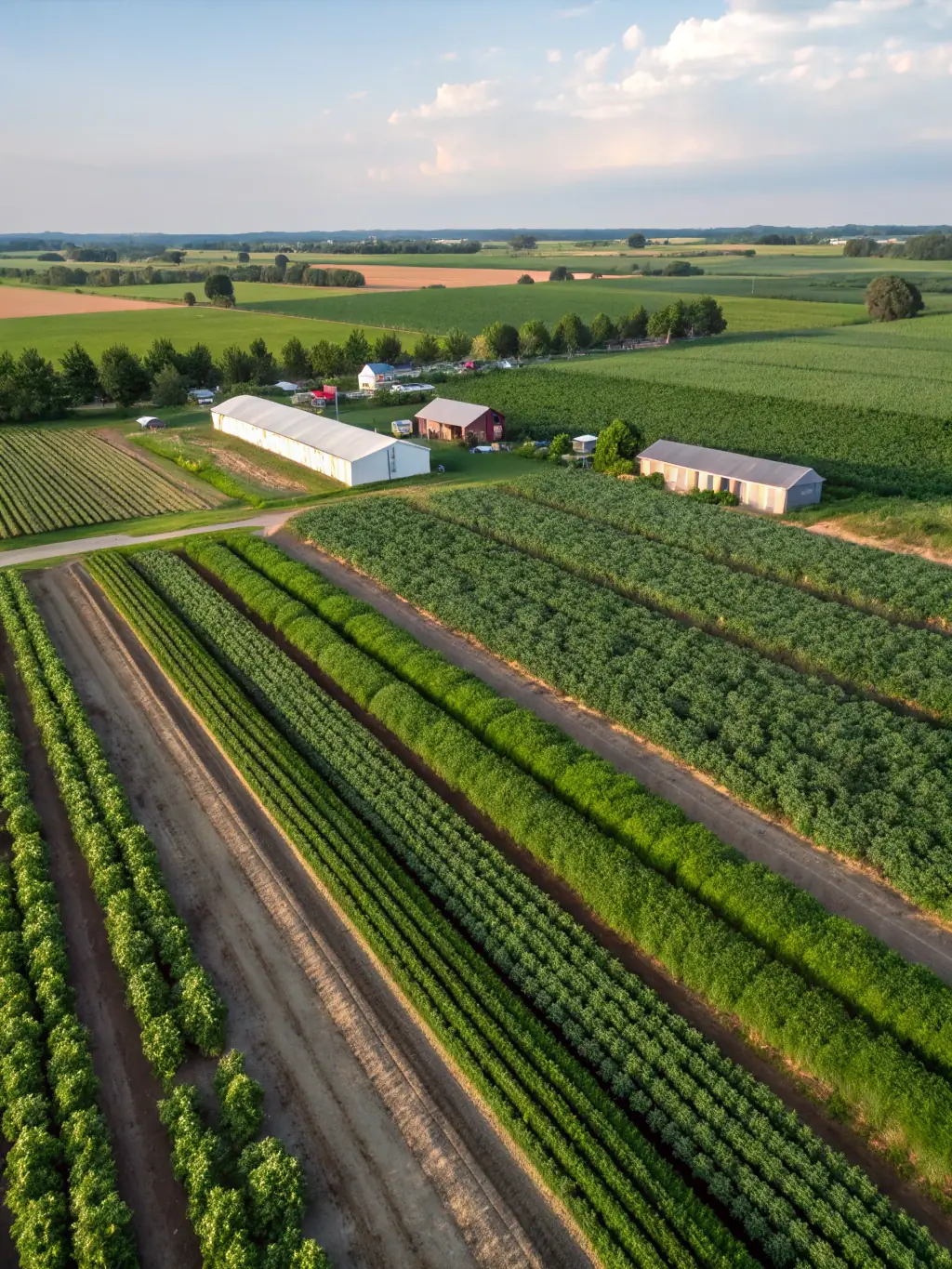 An aerial view of a farm captured by Tatra's Crop Health Monitoring Drone, highlighting areas of healthy and stressed crops.